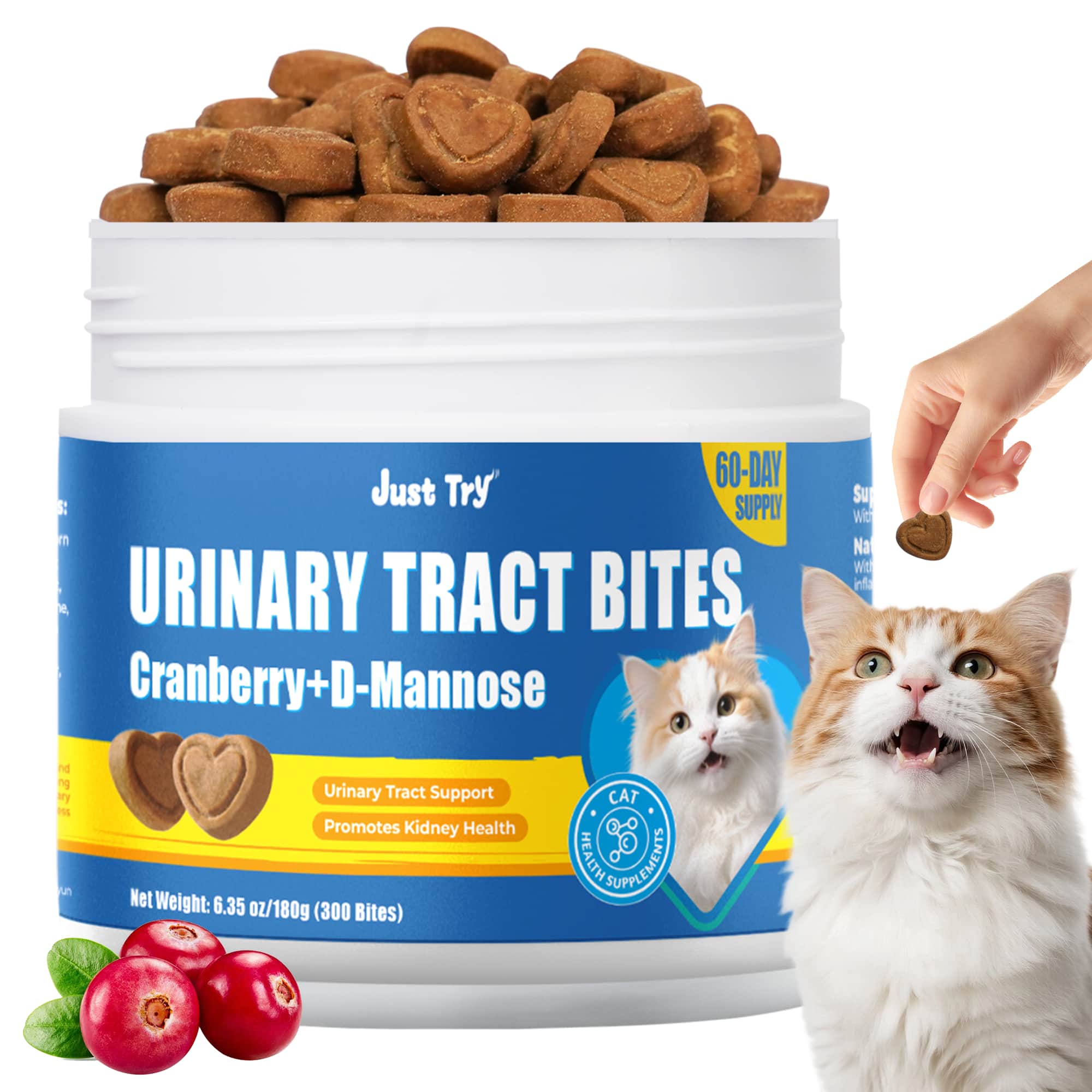 JUSTTRY Cat Urinary Tract Bites Cat Supplements – Cranberry & D-Mannose, Grain-Free Natural Snacks for Urinary Health & Cat Kidney Support, 6.35oz, 300 Bites